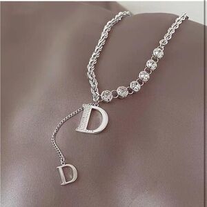 Micro setting Zircon D letter pendant 24” necklace Sterling Silver